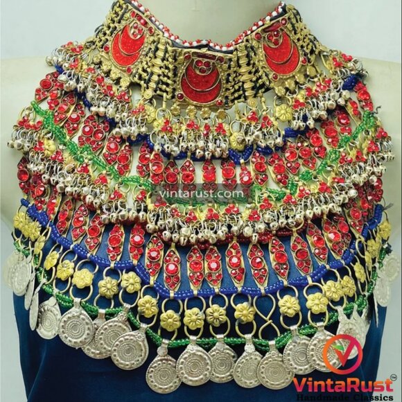 Ethnic Statement Choker Necklace With Red Glass Stones - Picture 3 of 11